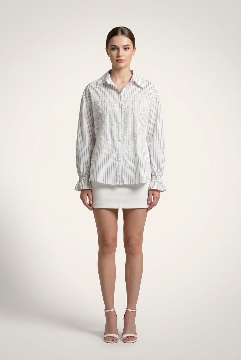 Smocked Cuff Frayed Detail Striped Shirt