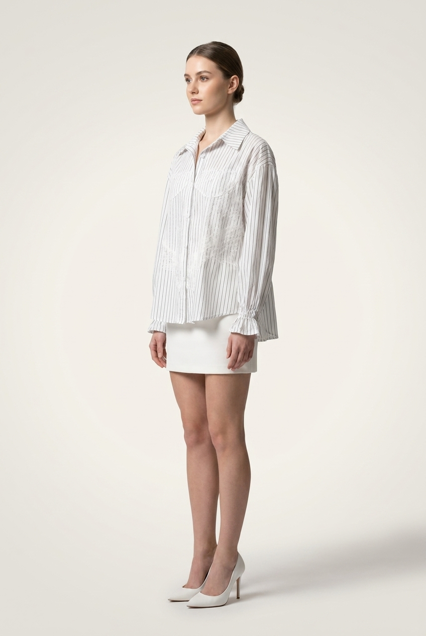 Smocked Cuff Frayed Detail Striped Shirt