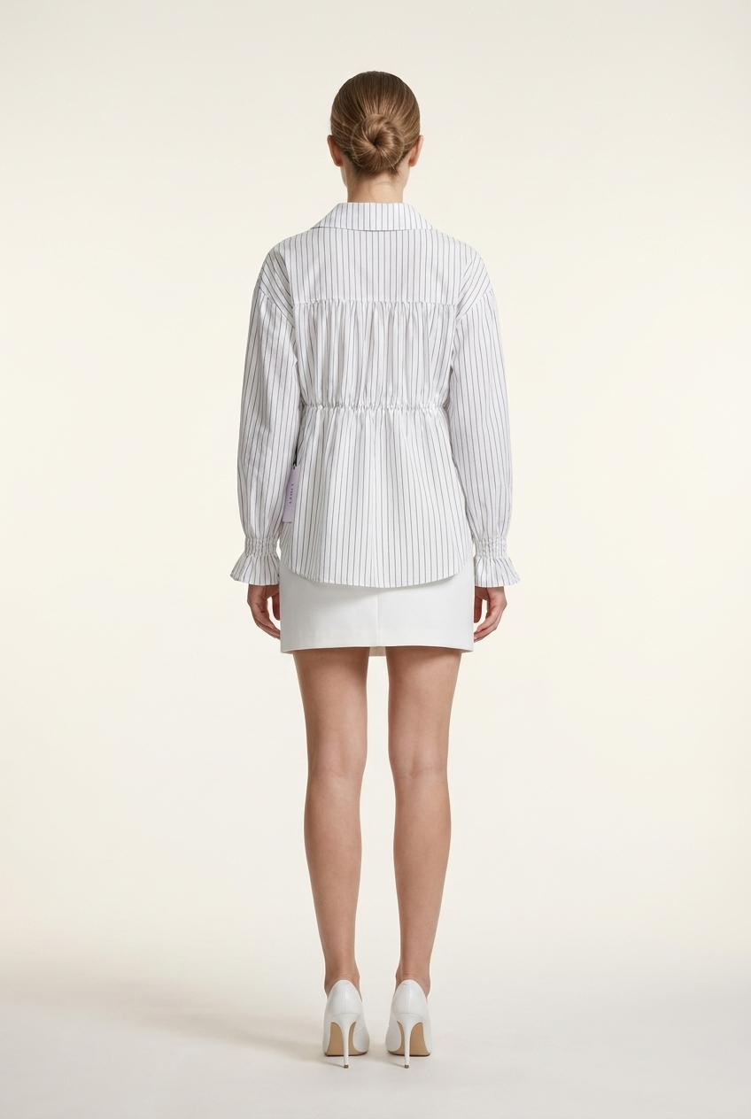 Smocked Cuff Frayed Detail Striped Shirt