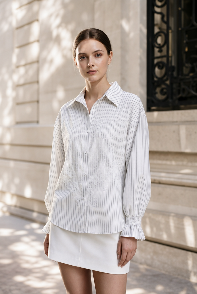 Smocked Cuff Frayed Detail Striped Shirt