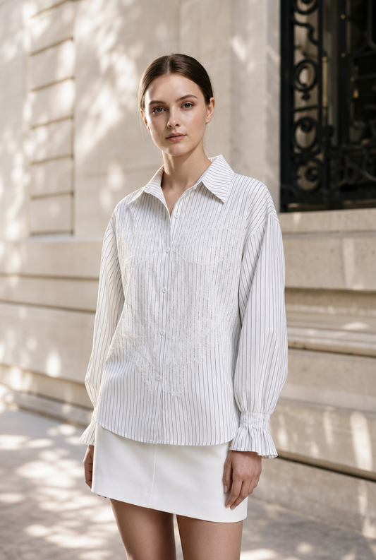 Smocked Cuff Frayed Detail Striped Shirt
