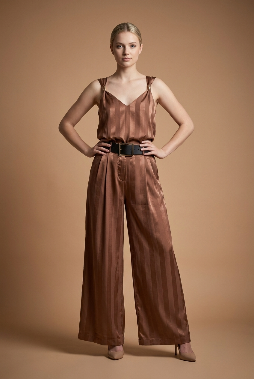 Tonal Stripe Satin Cami & Trouser Set