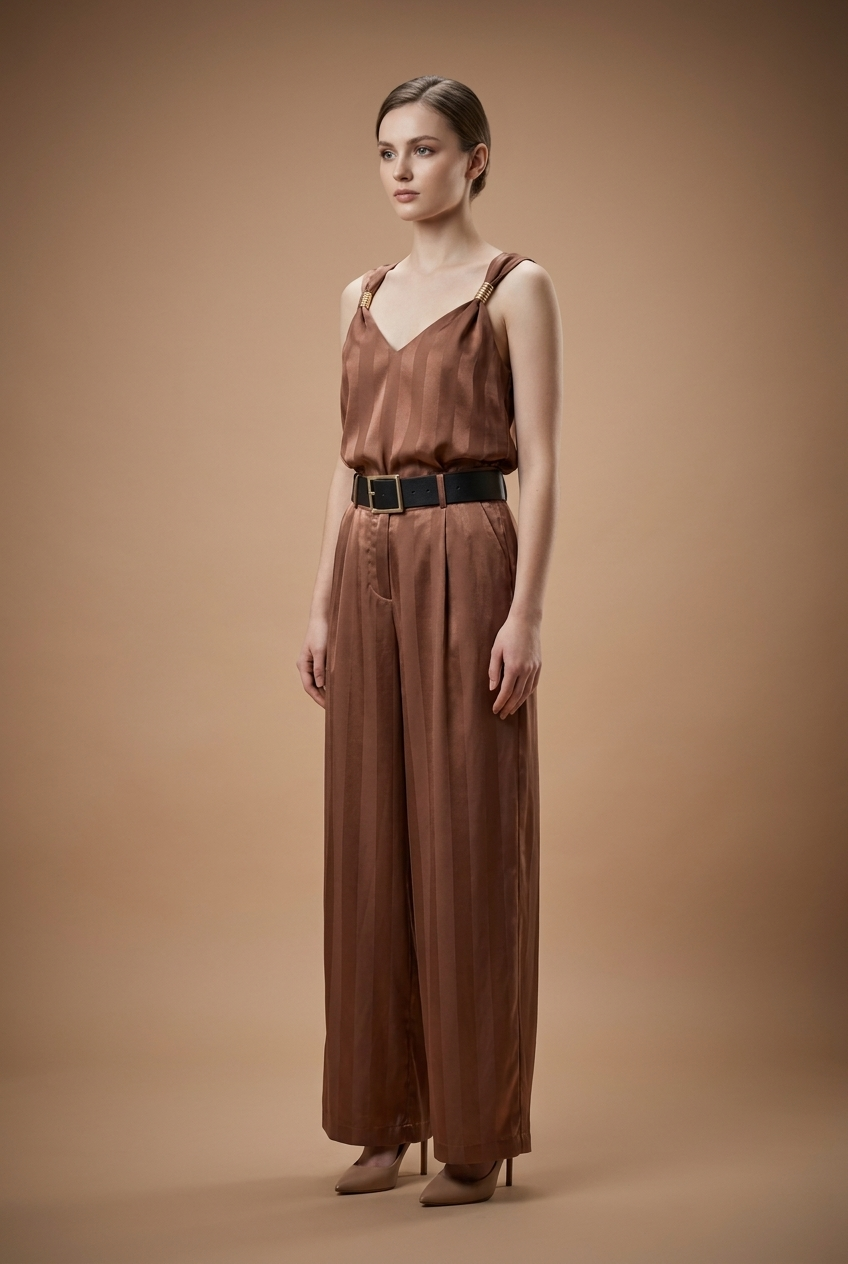 Tonal Stripe Satin Cami & Trouser Set