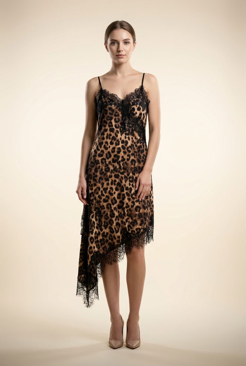 Leopard Print Asymmetrical Lace Slip Dress