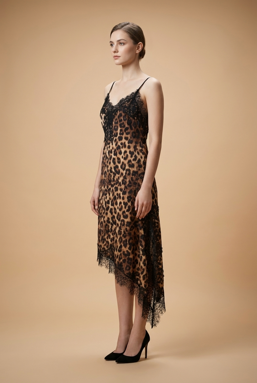 Leopard Print Asymmetrical Lace Slip Dress