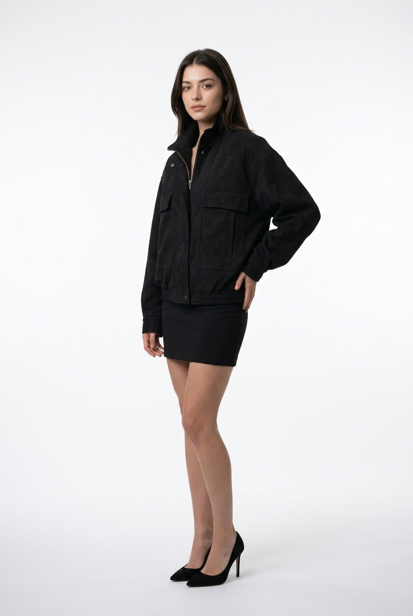 Artificial Suede Utility Bomber Jacket