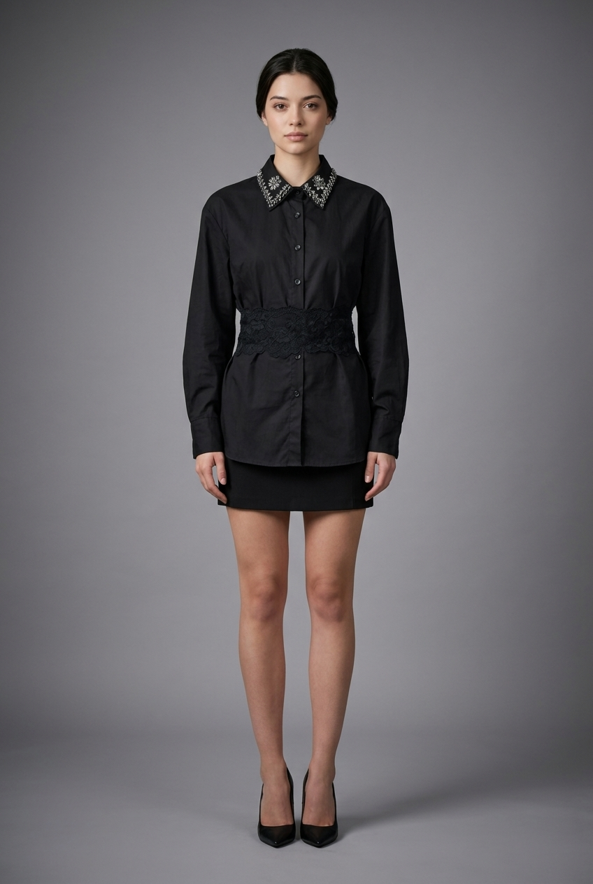Embellished Collar Lace-Waist Button-Down