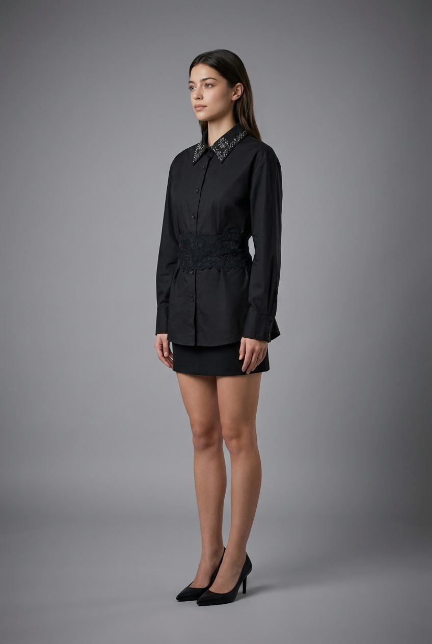 Embellished Collar Lace-Waist Button-Down
