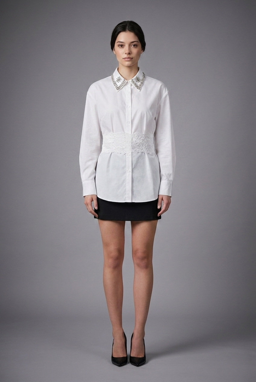 Embellished Collar Lace-Waist Button-Down
