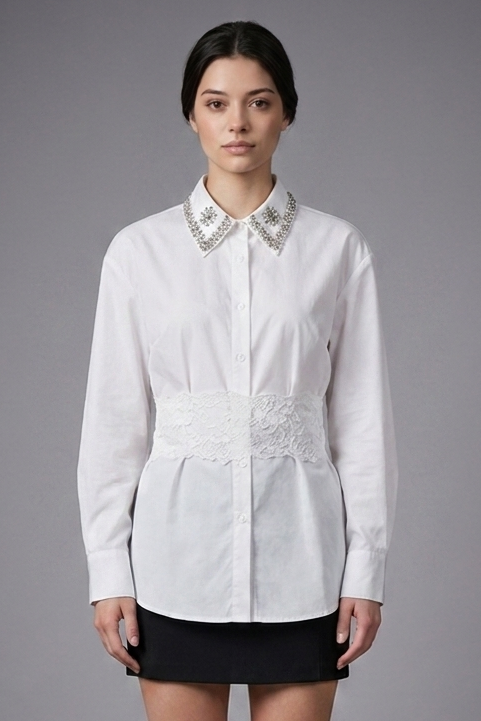 Embellished Collar Lace-Waist Button-Down