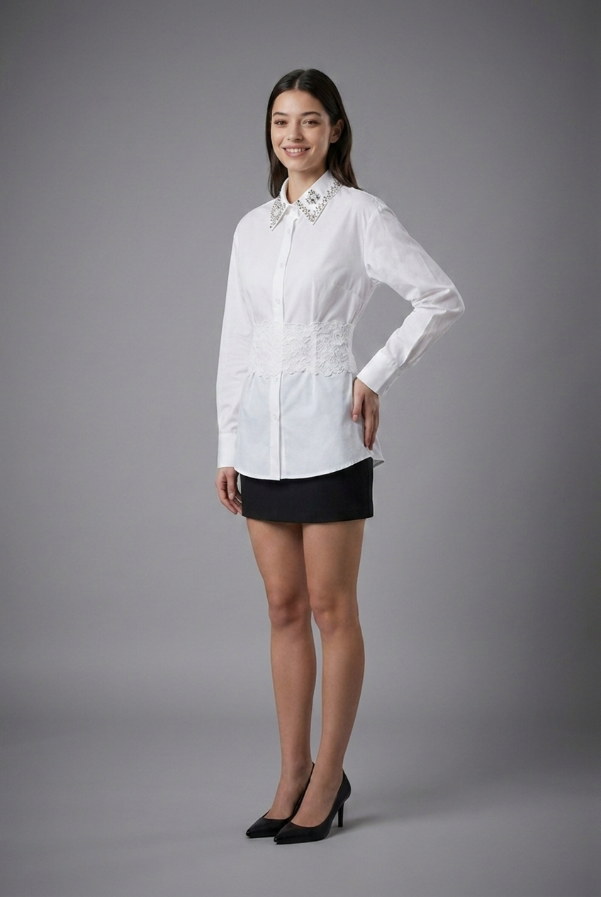 Embellished Collar Lace-Waist Button-Down
