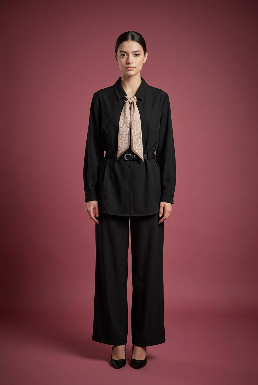 Scarf-Tie Tunic & Cropped Trouser Set