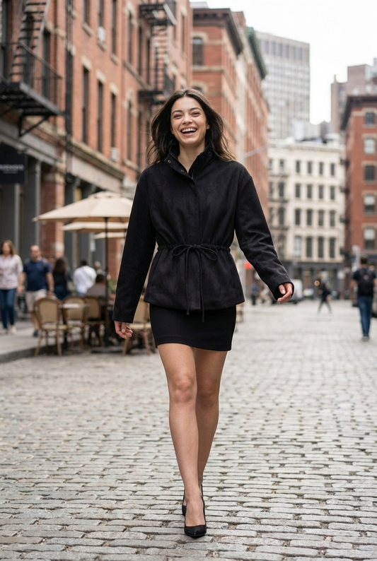 Drawstring Waist Artificial Suede Jacket