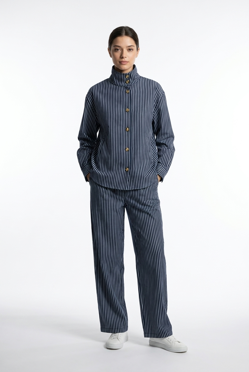 Stand-Collar Striped Denim Set