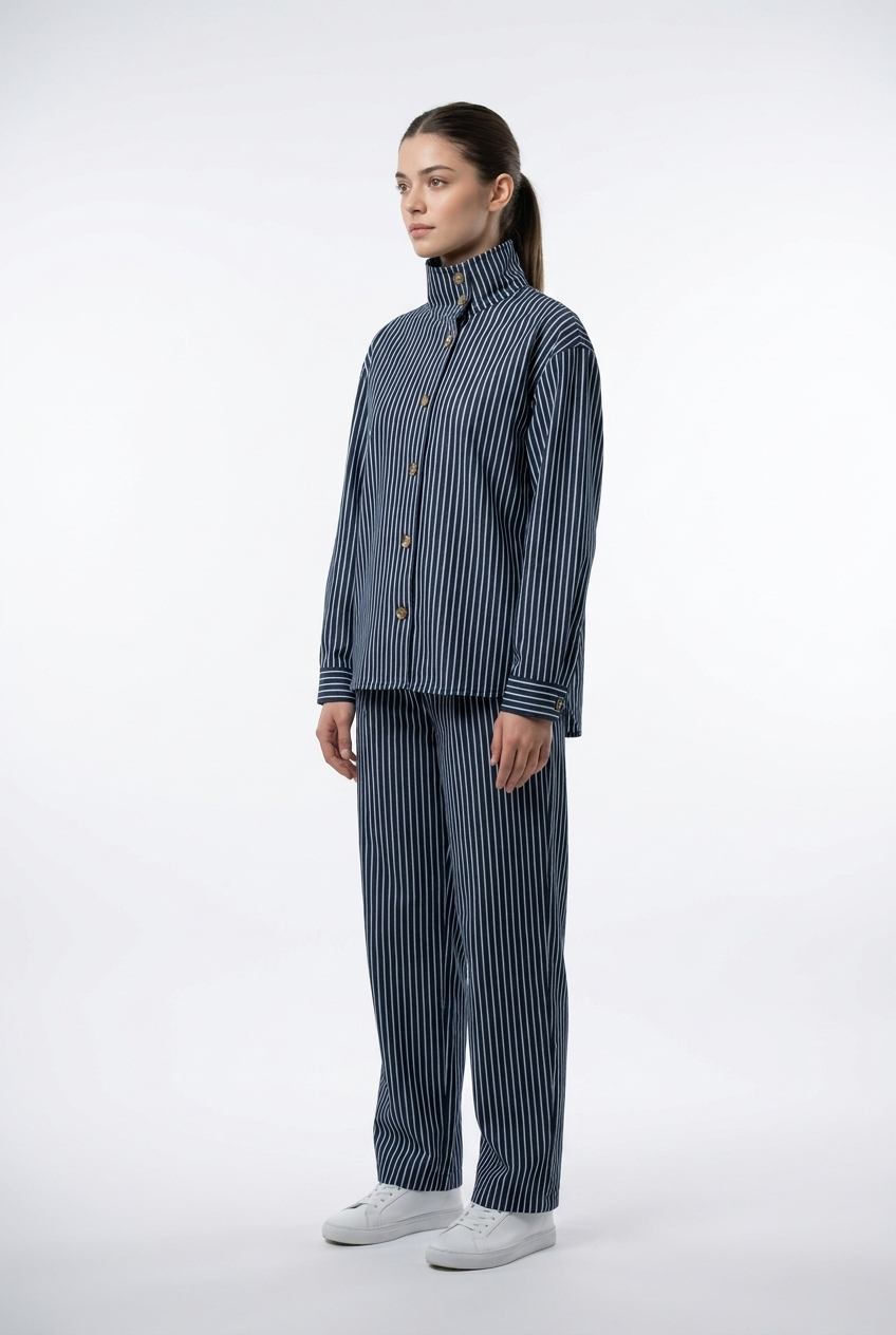 Stand-Collar Striped Denim Set