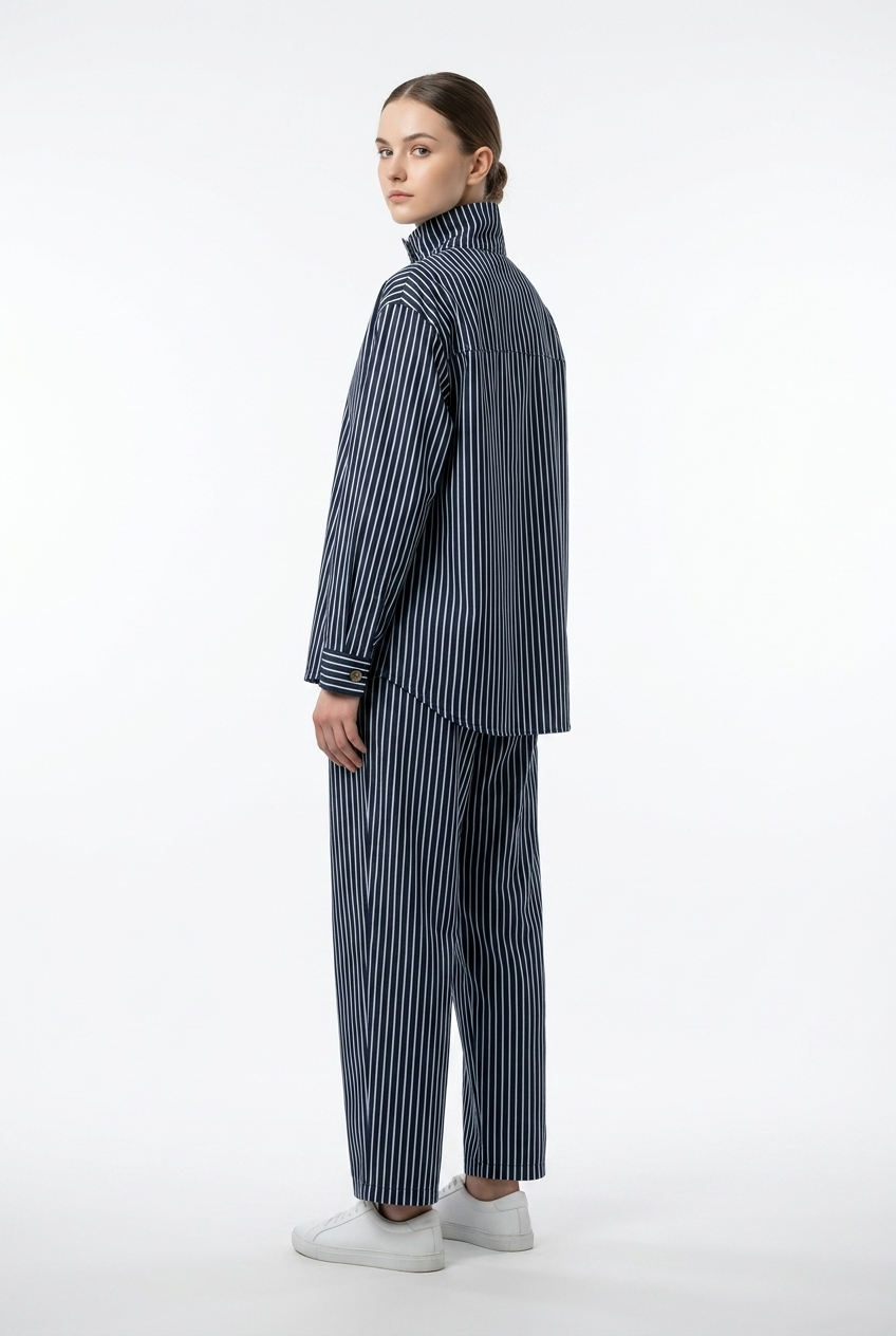 Stand-Collar Striped Denim Set