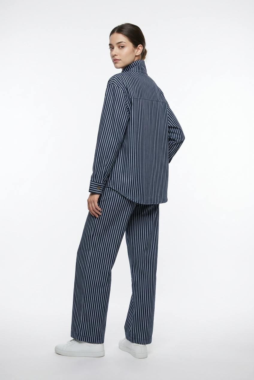 Stand-Collar Striped Denim Set