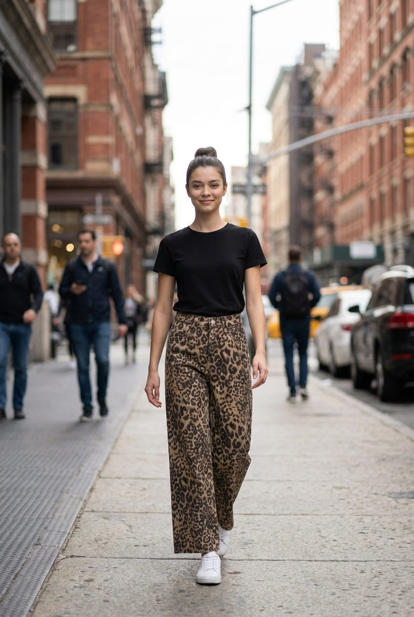 Animal Print Wide-Leg Jeans
