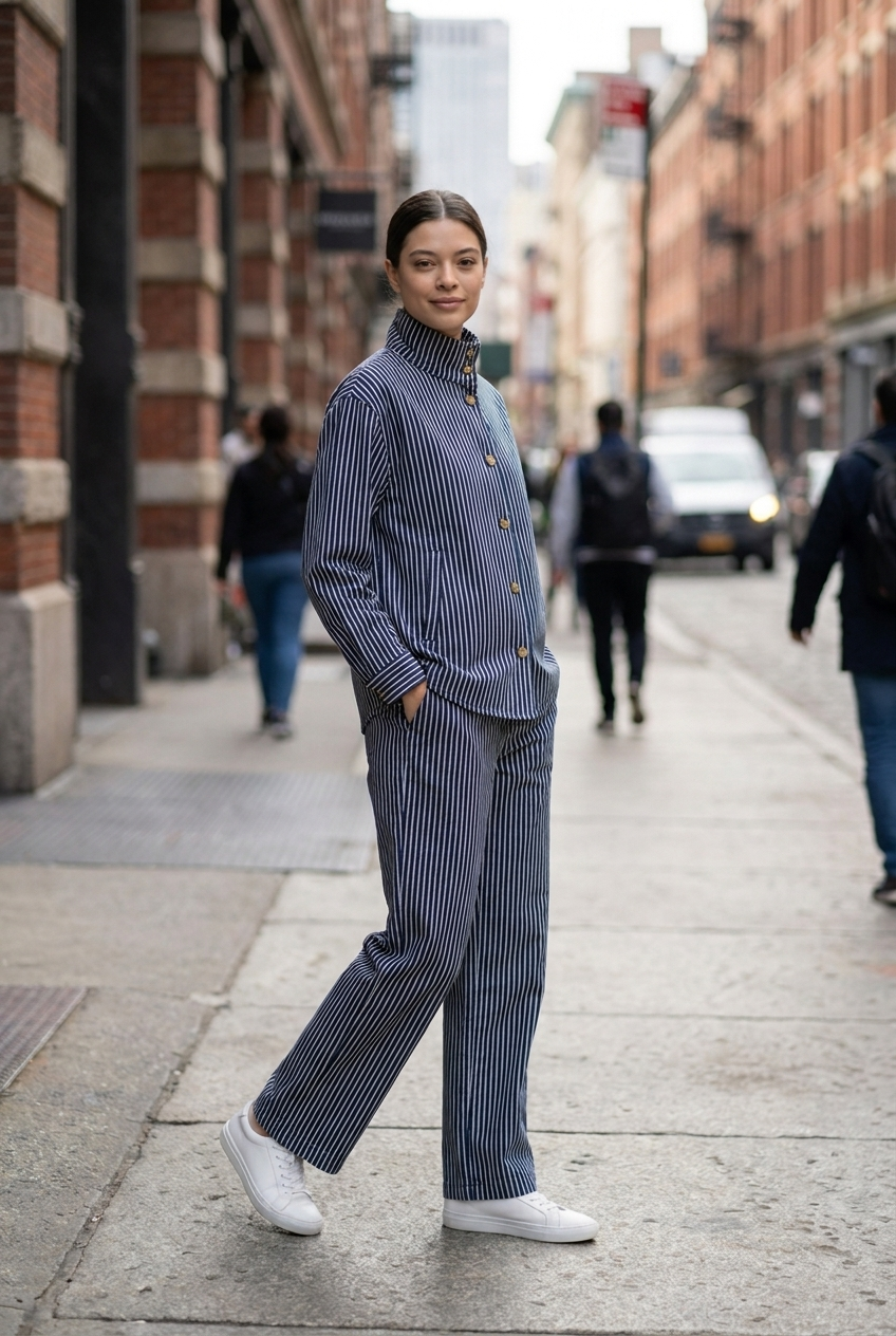 Stand-Collar Striped Denim Set