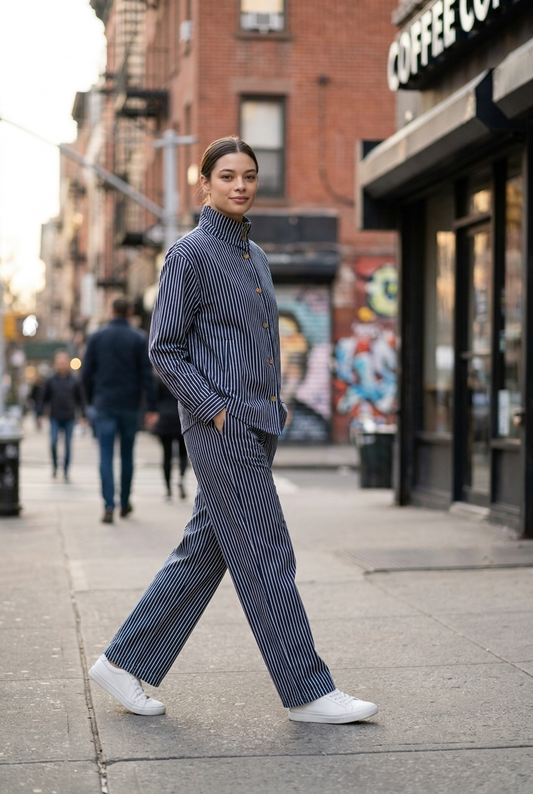 Stand-Collar Striped Denim Set