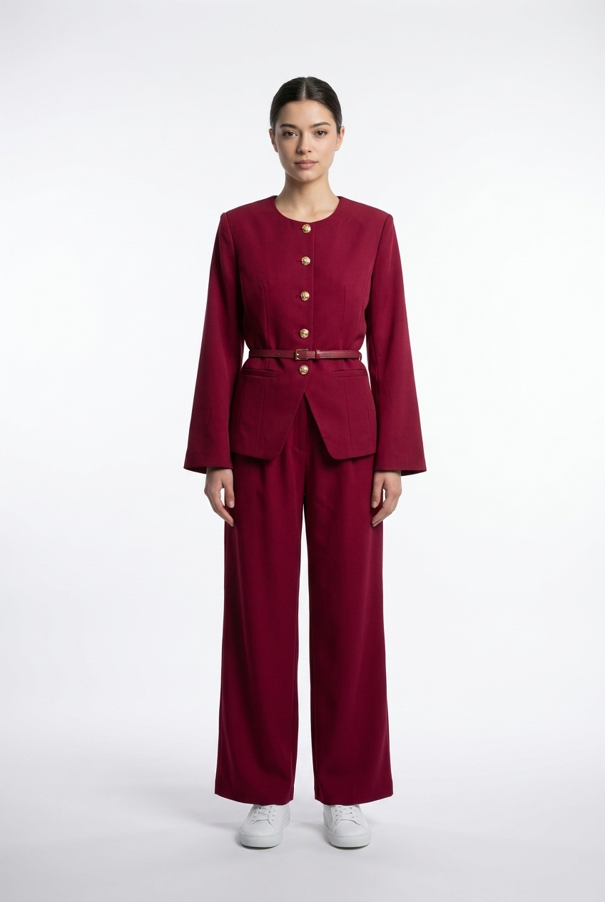 Collarless Belted Jacket & Trouser Set