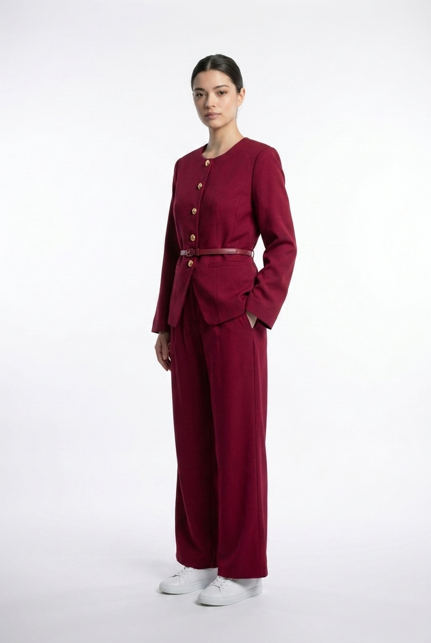 Collarless Belted Jacket & Trouser Set