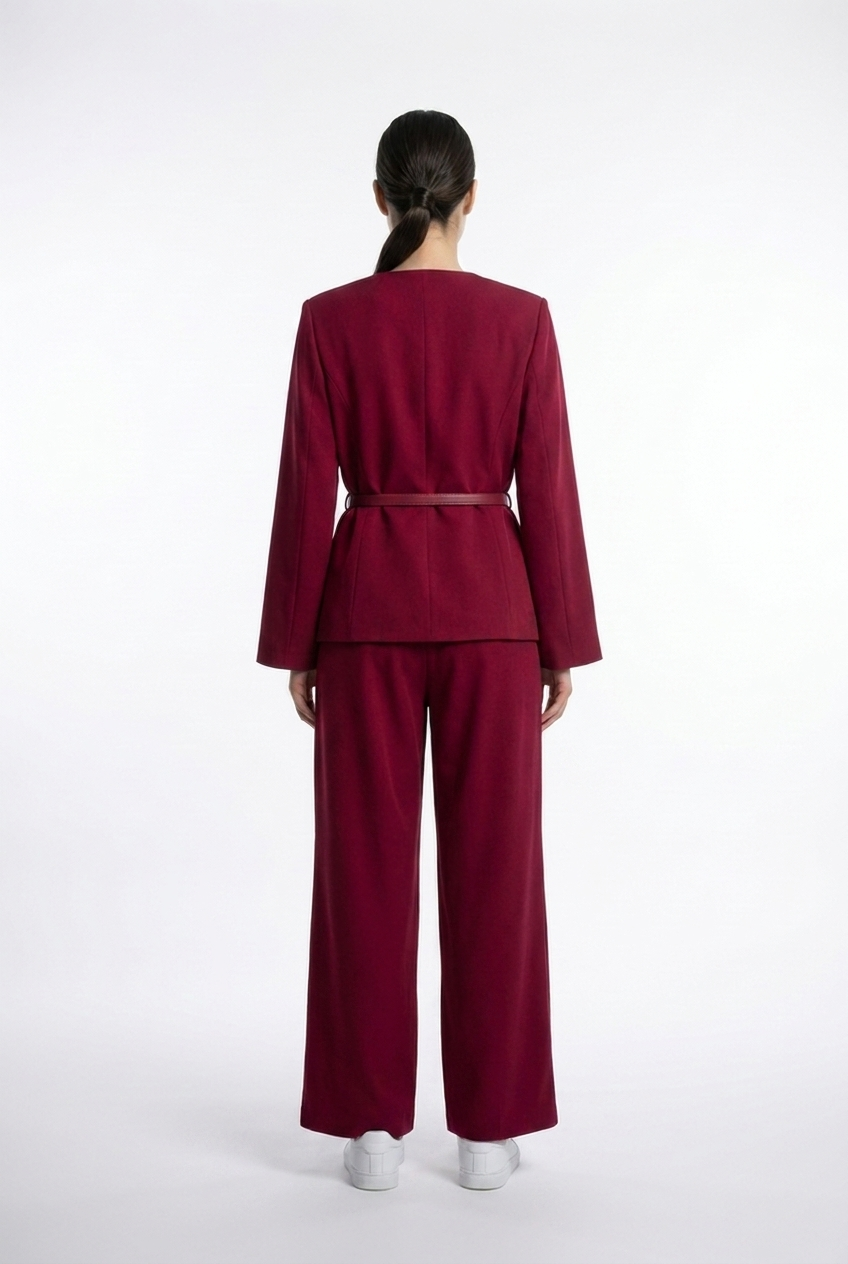 Collarless Belted Jacket & Trouser Set