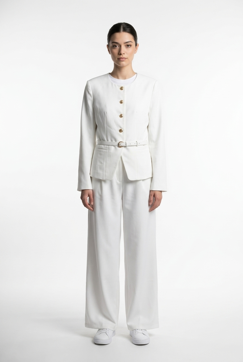 Collarless Belted Jacket & Trouser Set