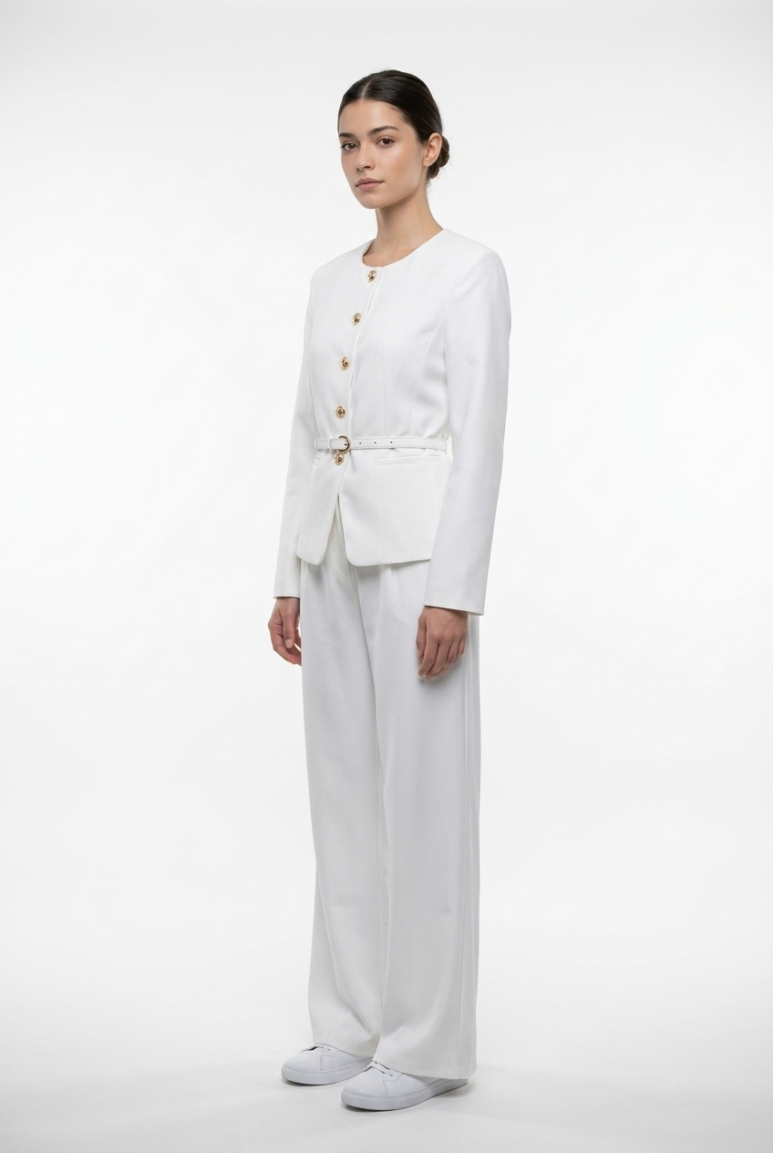 Collarless Belted Jacket & Trouser Set