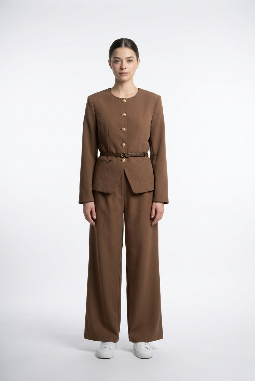 Collarless Belted Jacket & Trouser Set