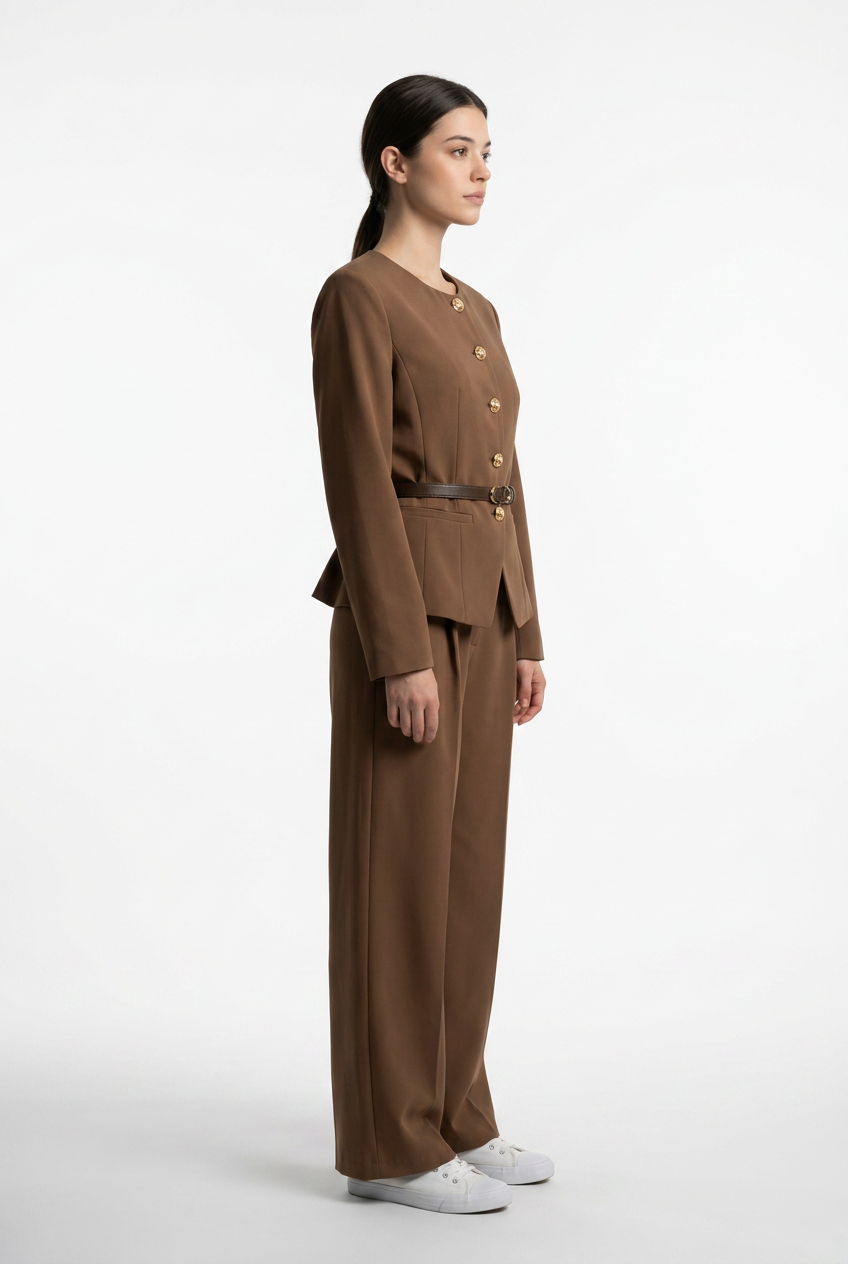 Collarless Belted Jacket & Trouser Set