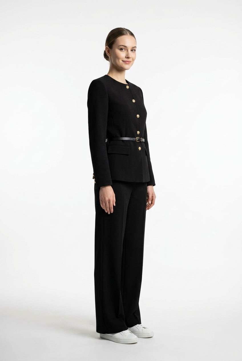 Collarless Belted Jacket & Trouser Set