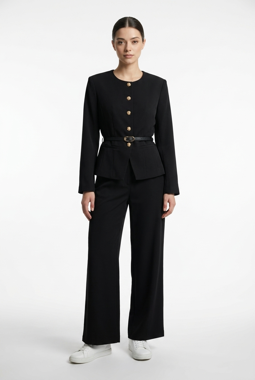 Collarless Belted Jacket & Trouser Set