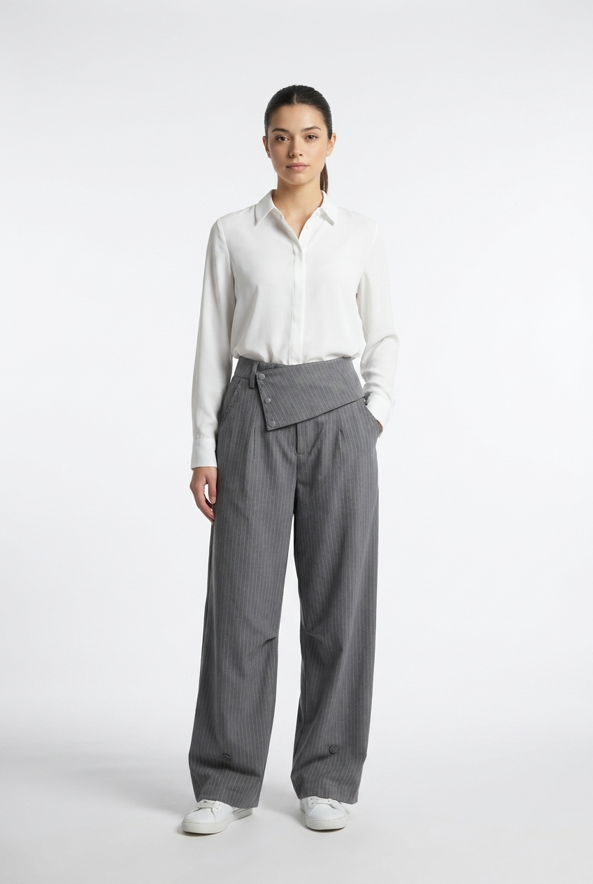 Asymmetrical Fold-Over Pinstripe Trousers