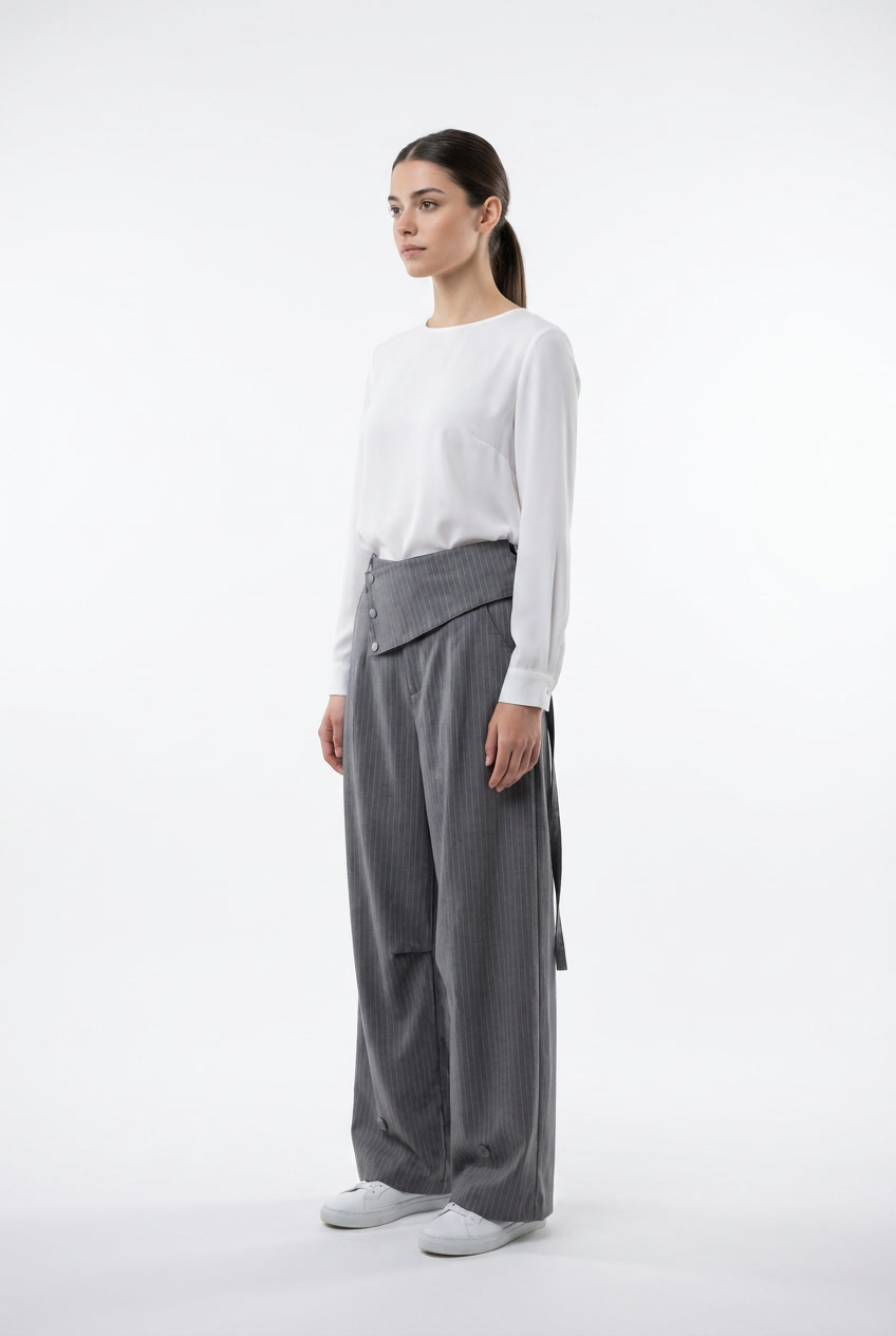 Asymmetrical Fold-Over Pinstripe Trousers