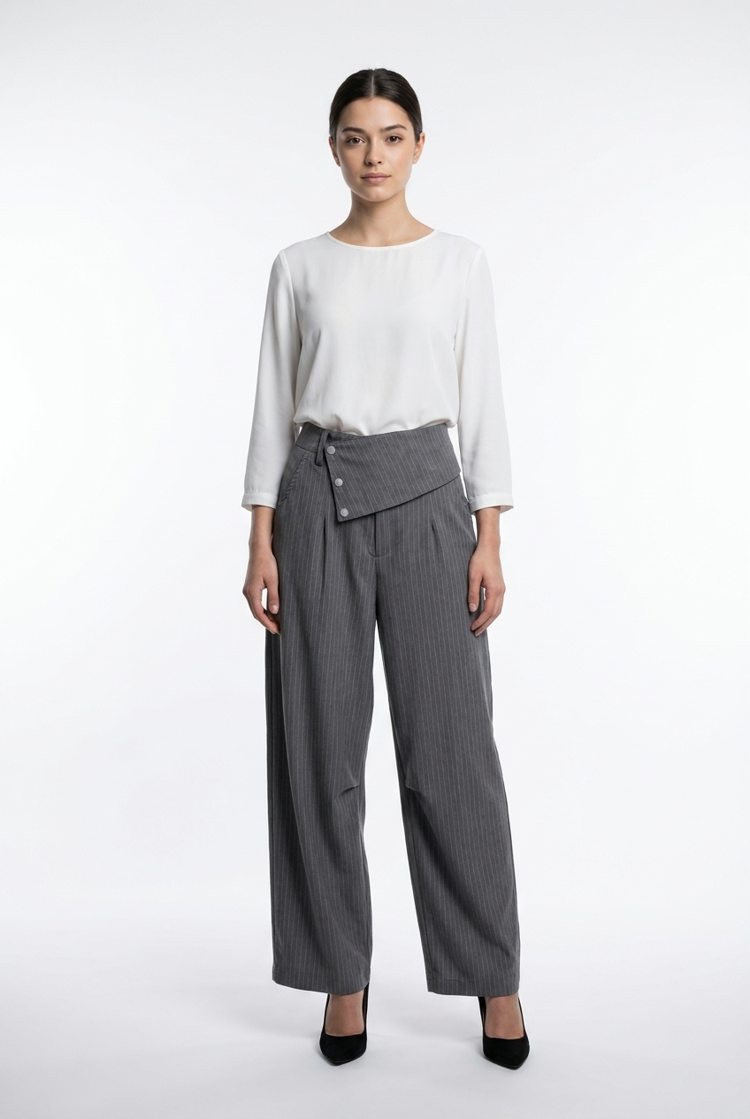 Asymmetrical Fold-Over Pinstripe Trousers