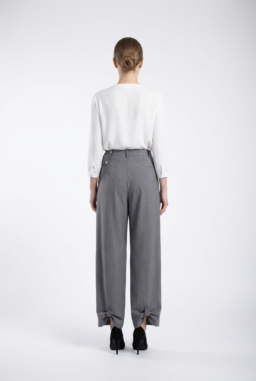 Asymmetrical Fold-Over Pinstripe Trousers