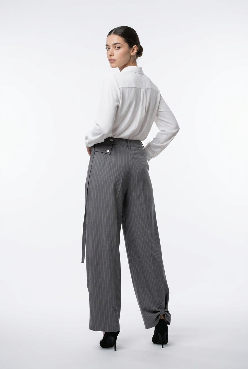 Asymmetrical Fold-Over Pinstripe Trousers