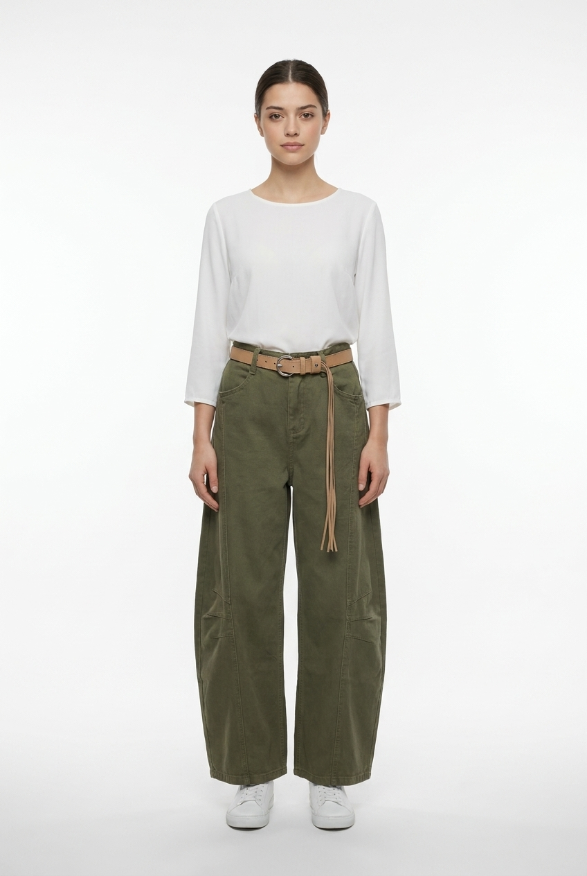 Curved Seam Barrel-Leg Pants