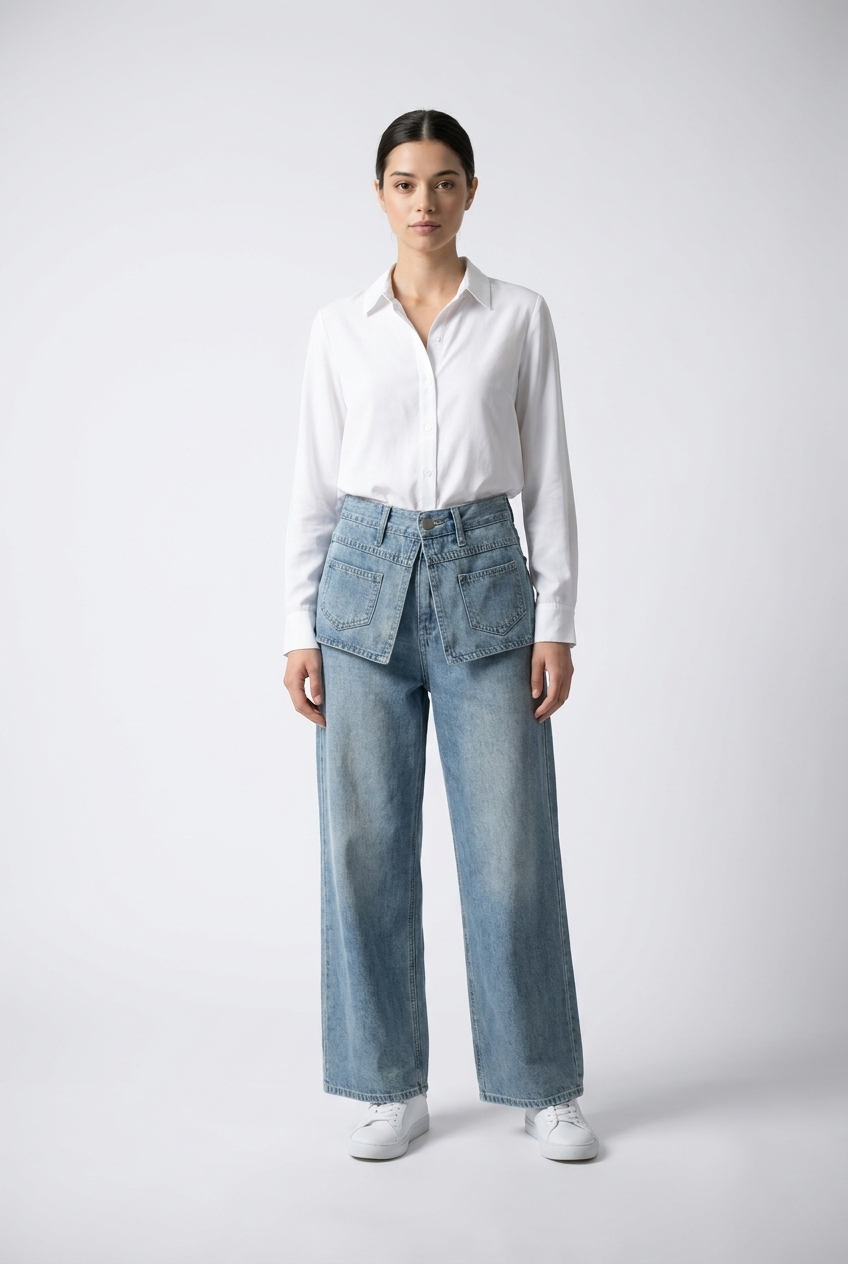 Layered Pocket Wide-Leg Jeans