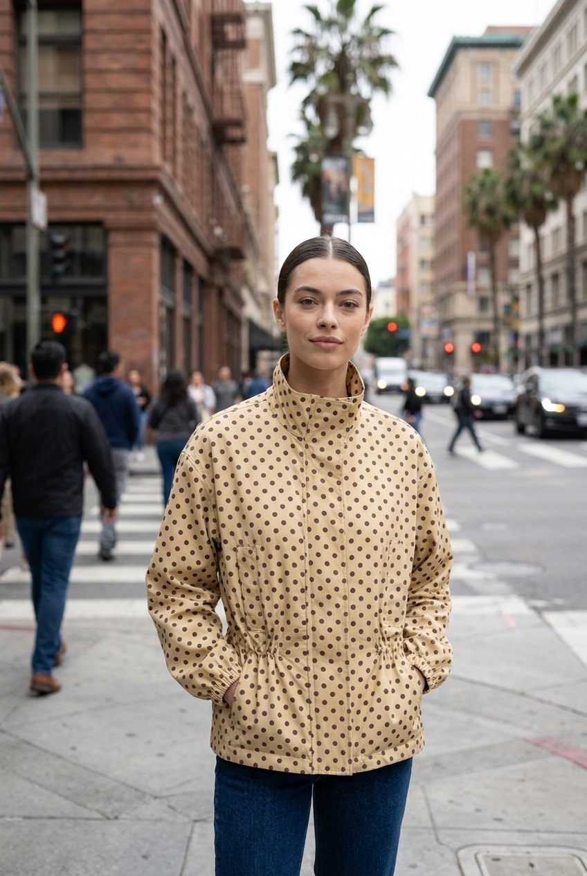 Cinched-Waist Polka Dot Jacket