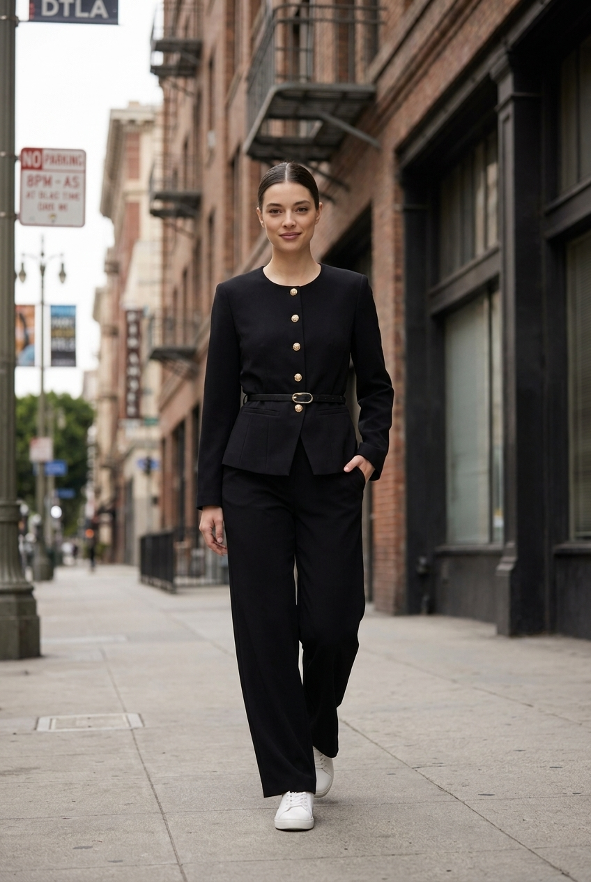 Collarless Belted Jacket & Trouser Set