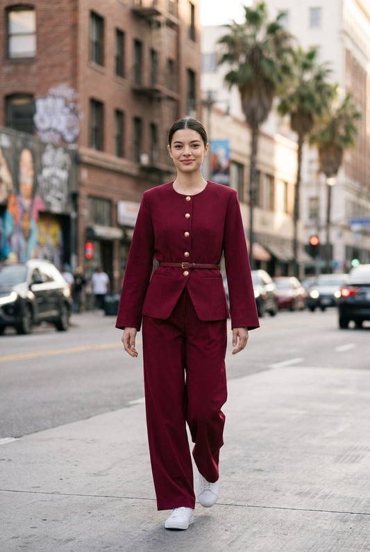 Collarless Belted Jacket & Trouser Set