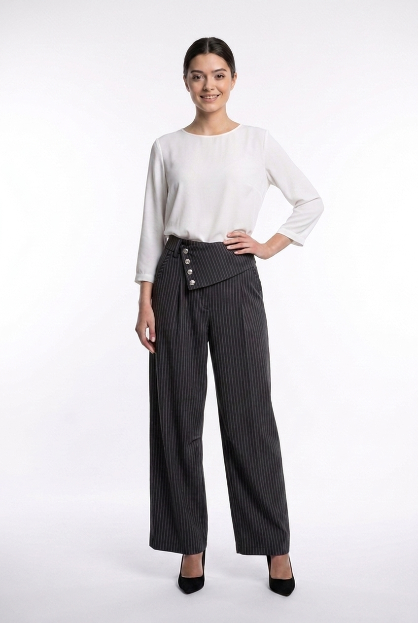 Asymmetrical Fold-Over Pinstripe Trousers