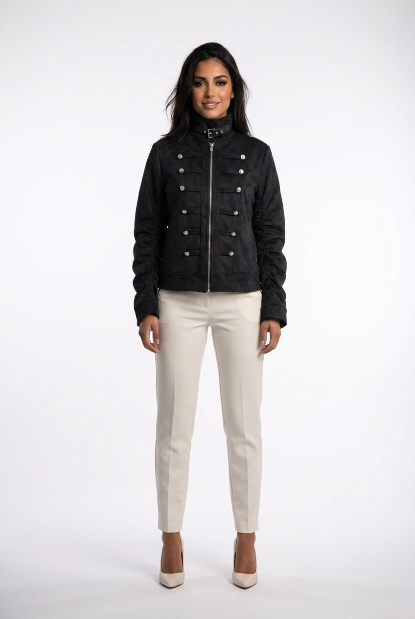 Buckle-Collar Military Zip-Up Jacket
