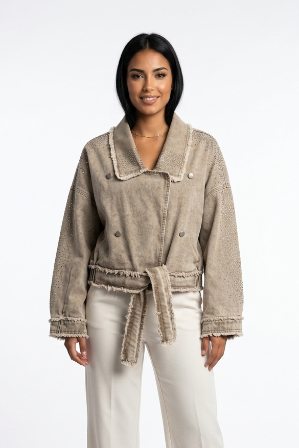 Frayed Edge Rhinestone Belted Jacket