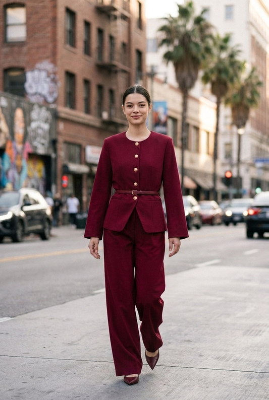 Collarless Belted Jacket & Trouser Set