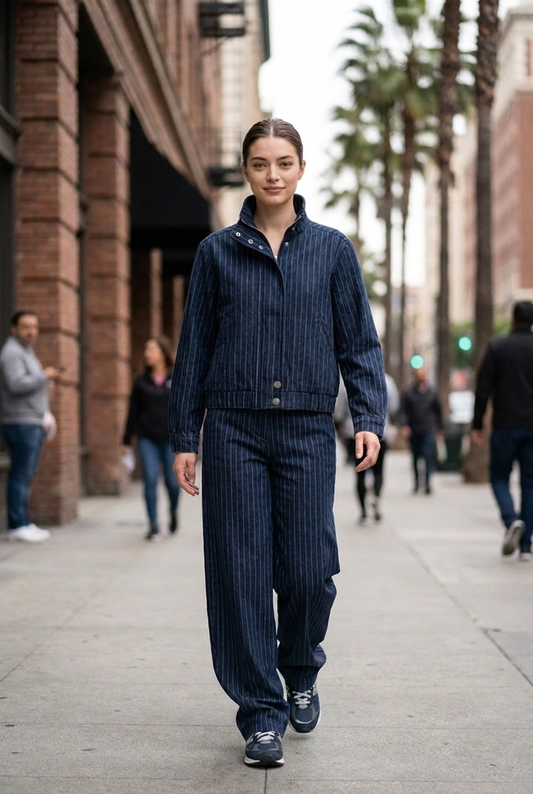 Pinstripe Denim Jacket & Trouser Set