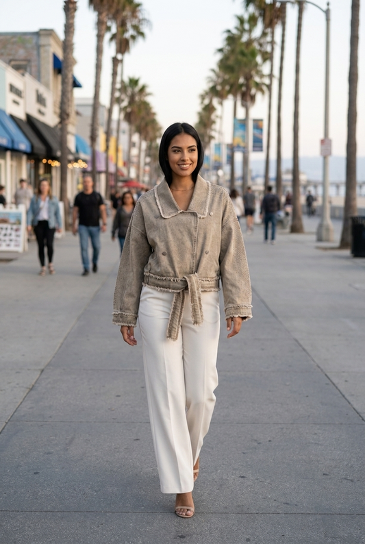 Frayed Edge Rhinestone Belted Jacket