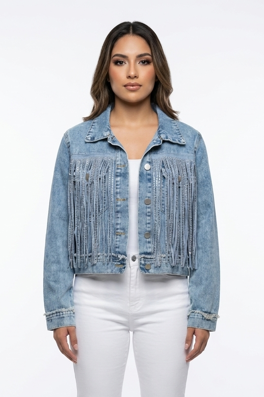 Cascading Rhinestone Fringe Denim Jacket